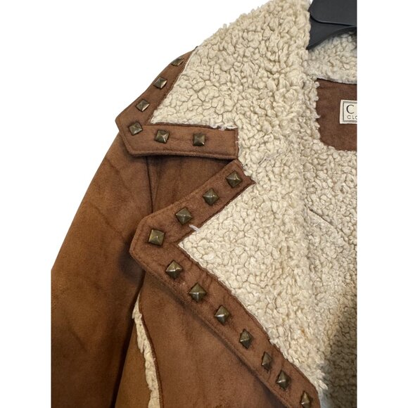 Vintage County Clothing Company Studded Faux Shearling Coat Women’s M Brown Crea - Picture 4 of 8